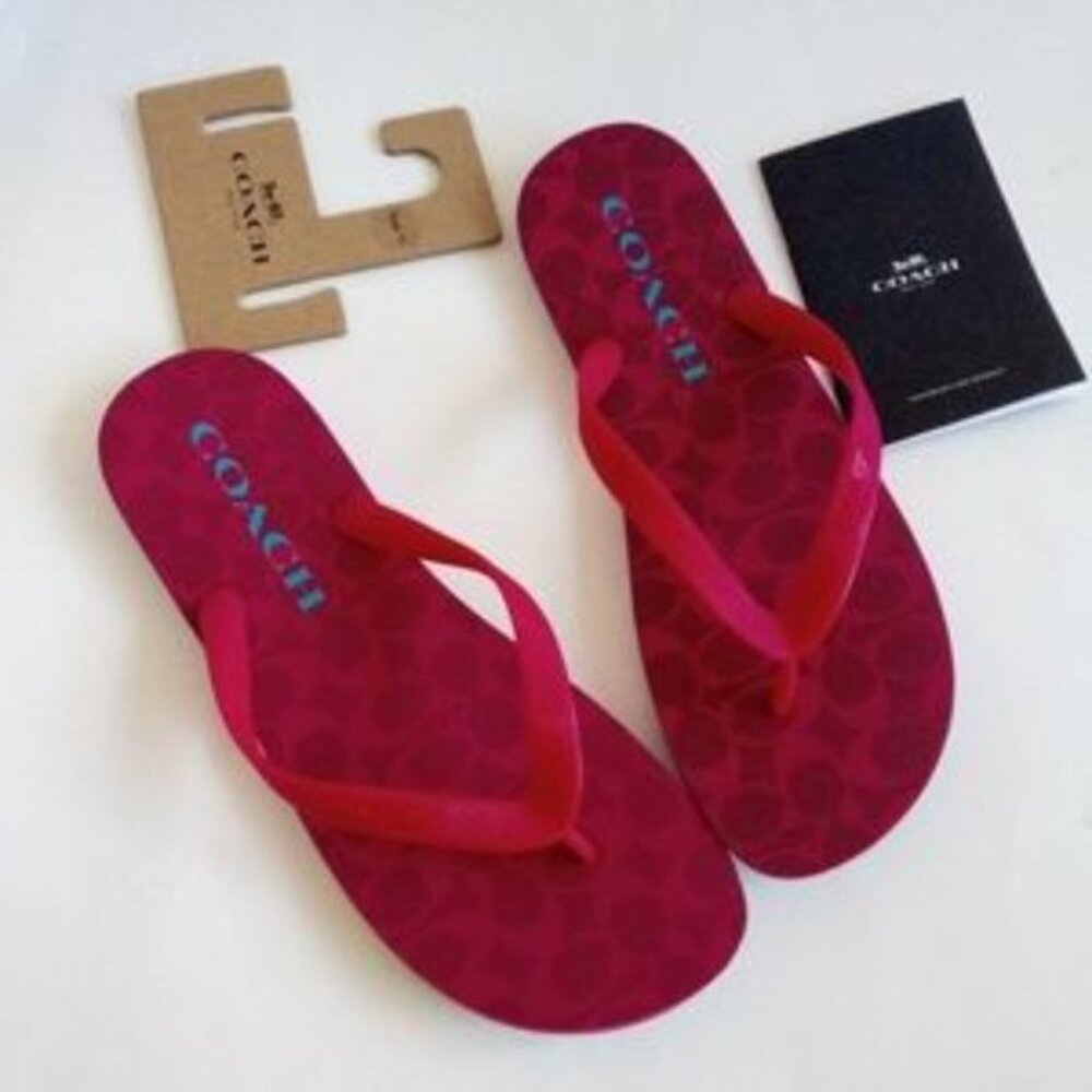 New Coach Signature Print Bold Pink Slip-Ons Flip Flop Slippers Women US Size 11